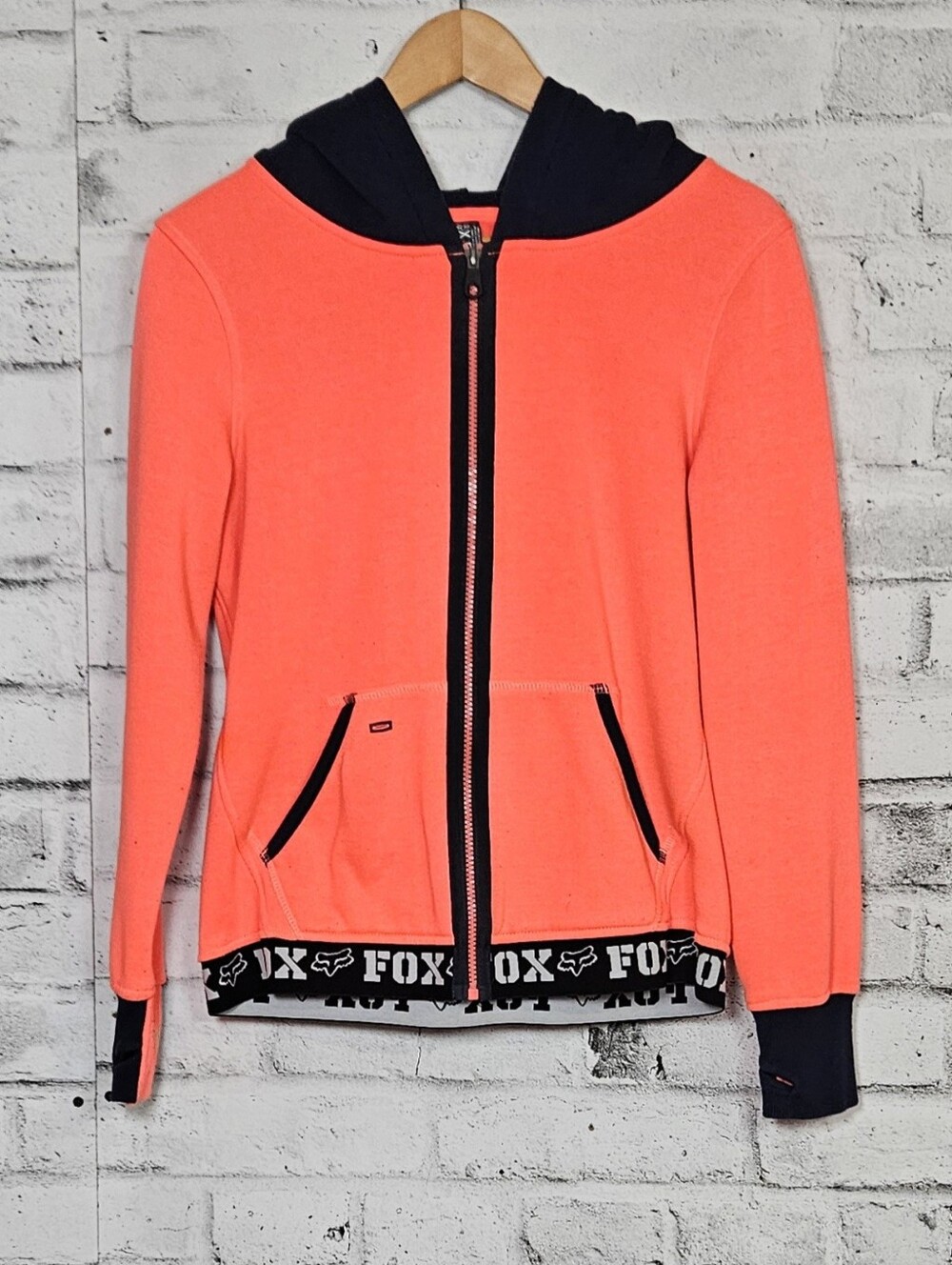 Fox Racing Neon Coral Full Zip Hoodie Thumbhole Athletic Jacket Medium - Picture 2 of 13